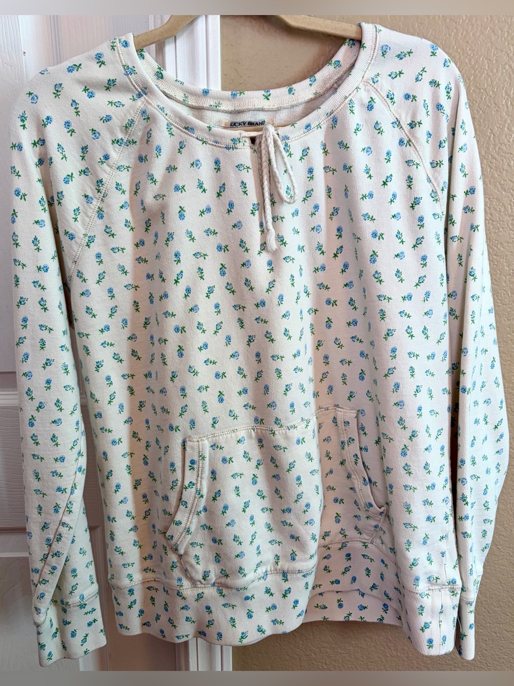 Lucky Brand Cream Crewneck Sweater with Blue & Green Floral Print